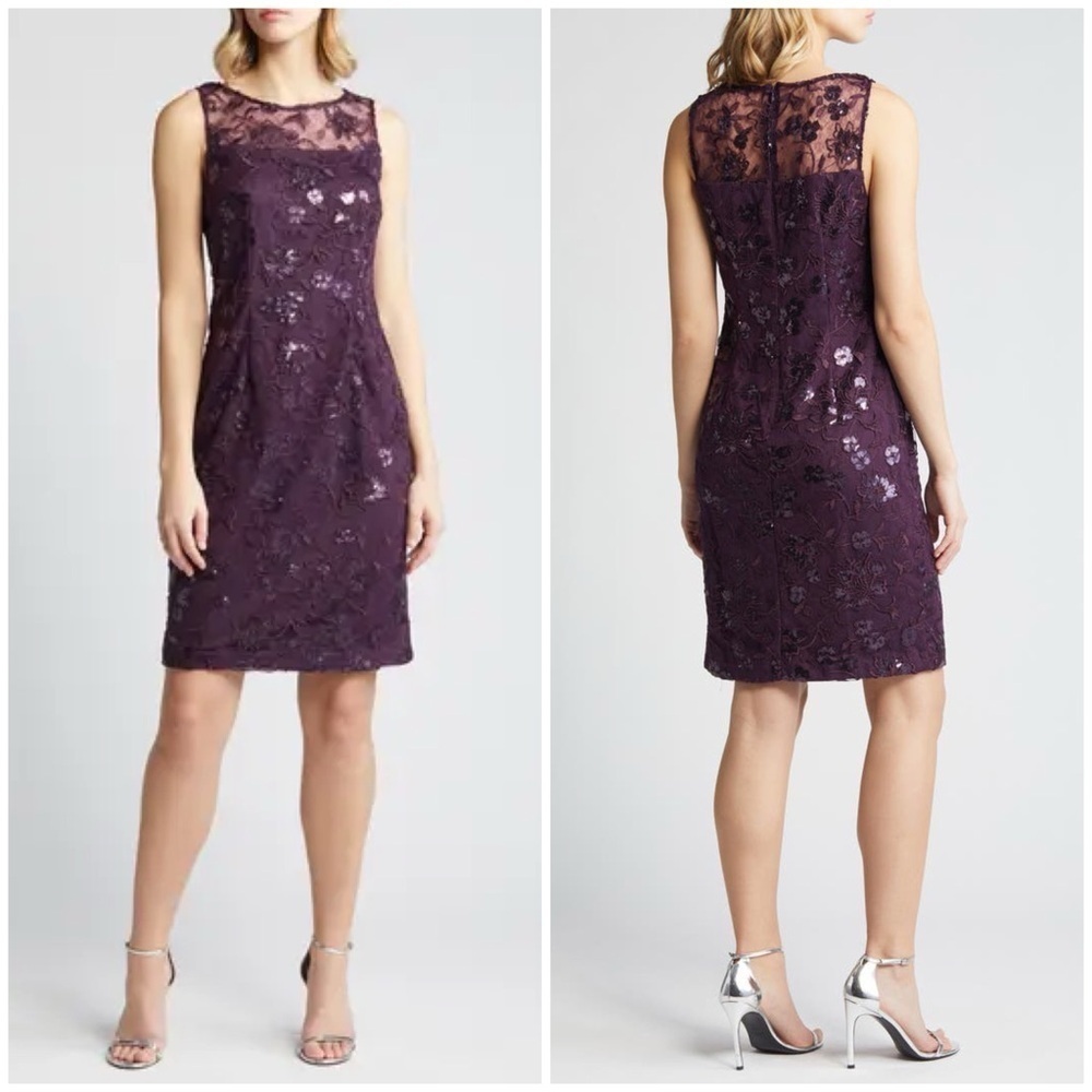 NWT Alex Evenings Elegant Sequin Lace Sheath Dress Purple Eggplant Floral Sz 14